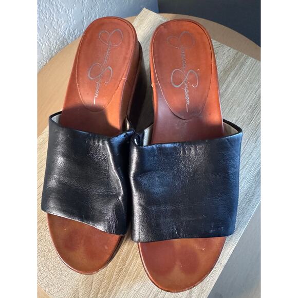 Jessica Simpson Black Leather Platform Wedge Slide Sandals Size 6.5M/37 - Picture 5 of 8